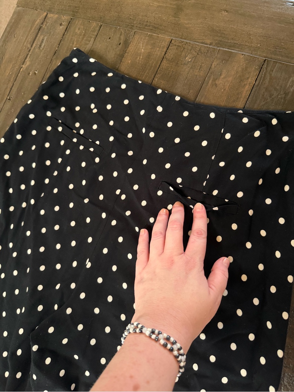 Anthropologie Black Polka Dot Wide-Leg Pants with Cream Floral Border - Picture 8 of 10